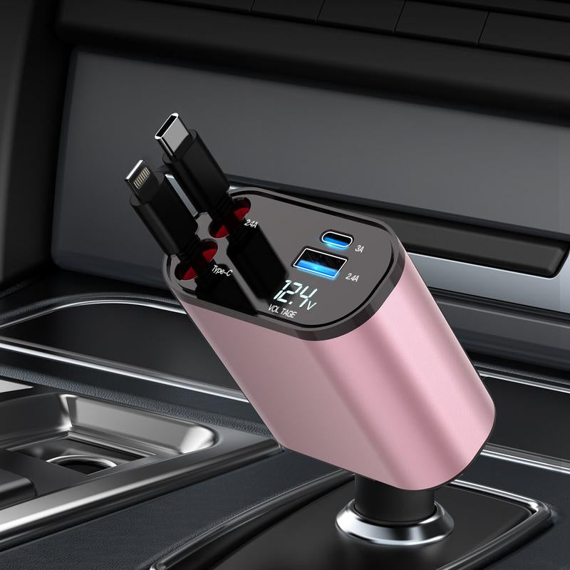 Ultimate 4-in-1 Retractable Car Charger - 100W USB-C Fast Charging Cable with Lightning & Dual Port Compatibility for iPhone, Samsung, Google Pixel & Tablets