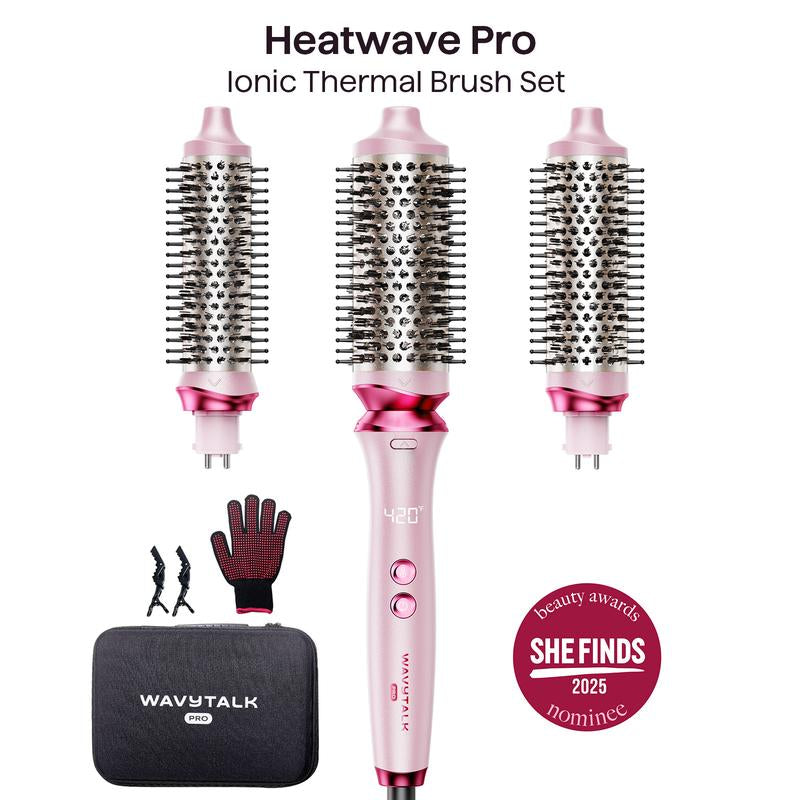 Wavytalk Heatwave Pro Ionic Thermal Brush Set - Achieve Salon-Quality Shine & Effortless Blowouts with Interchangeable Brushes for All Hair Lengths - Stylish Pink Design