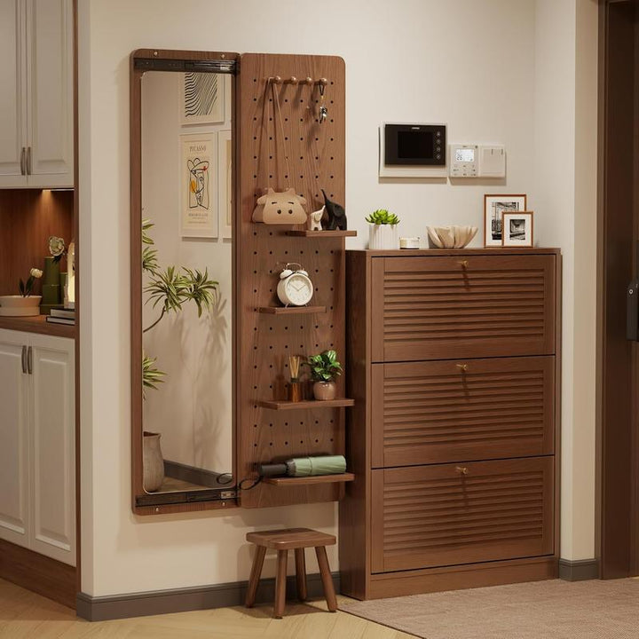Rustic Full-Length Wall Mirror with Shelf & Hooks - Solid Wood Multifunctional Panel for Bedroom, Living Room, Entryway