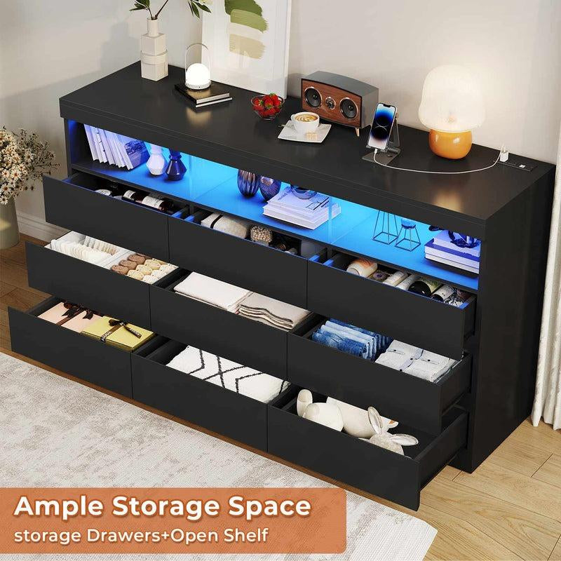 Modern Sikaic 9-Drawer Dresser Chest with LED RGB Lights – Stylish Bedroom Storage Solution