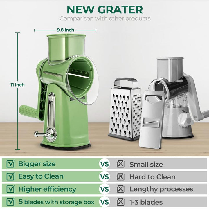 SUSTEAS Retro Green Rotary Cheese Grater with 5 Blades & Strong Suction Base - Perfect Mandoline Slicing Kitchen Tool!