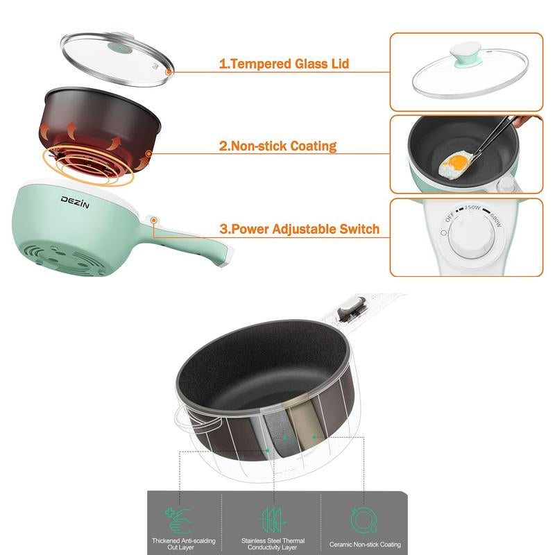 Dezin Spring Sales Electric Pot, Non-Stick Sauté Pan, Mini Electric Fondue Pot for Cheese, Stir Fry, Roast, Steam with Power Adjustment, Perfect for Ramen, Steak, Pink (Egg Rack Included)
