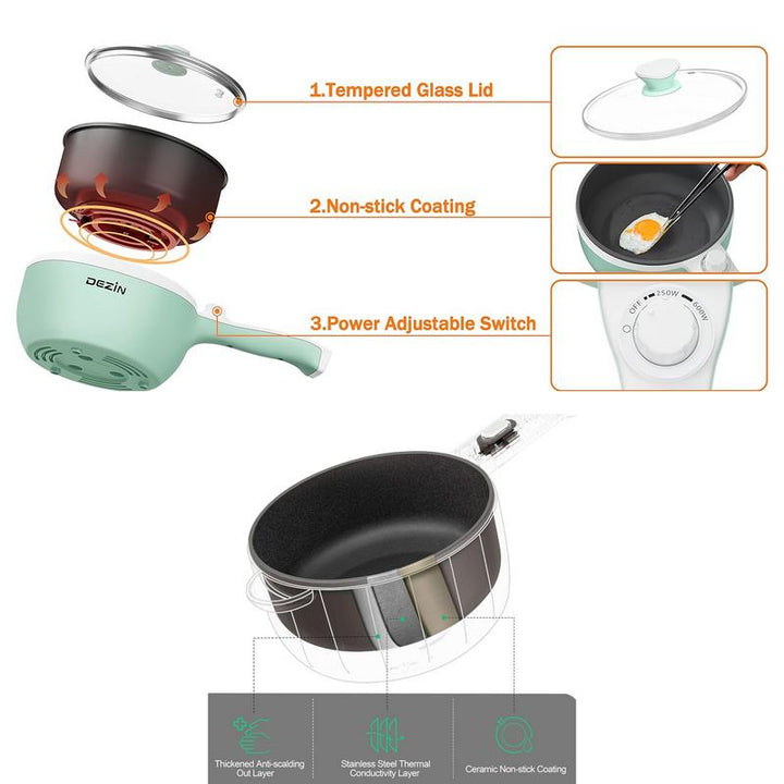 Dezin Spring Sales Electric Pot, Non-Stick Sauté Pan, Mini Electric Fondue Pot for Cheese, Stir Fry, Roast, Steam with Power Adjustment, Perfect for Ramen, Steak, Pink (Egg Rack Included)