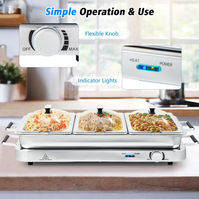 Costway 2-in-1 Electric Buffet Server and Warming Tray - 450W Stainless Steel Chafing Dish with Temperature Control, 3 Serving Trays, 8 Qt Food Warmer Station for Parties and Events - Perfect Mother's Day Gift!