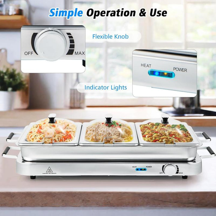 Costway 2-in-1 Electric Buffet Server and Warming Tray - 450W Stainless Steel Chafing Dish with Temperature Control, 3 Serving Trays, 8 Qt Food Warmer Station for Parties and Events - Perfect Mother's Day Gift!