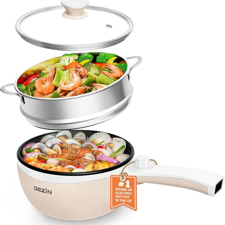 Dezin Spring Sales Electric Pot, Non-Stick Sauté Pan, Mini Electric Fondue Pot for Cheese, Stir Fry, Roast, Steam with Power Adjustment, Perfect for Ramen, Steak, Pink (Egg Rack Included)