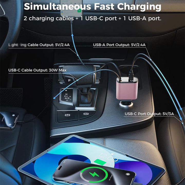 Ultimate 4-in-1 Retractable Car Charger - 100W USB-C Fast Charging Cable with Lightning & Dual Port Compatibility for iPhone, Samsung, Google Pixel & Tablets