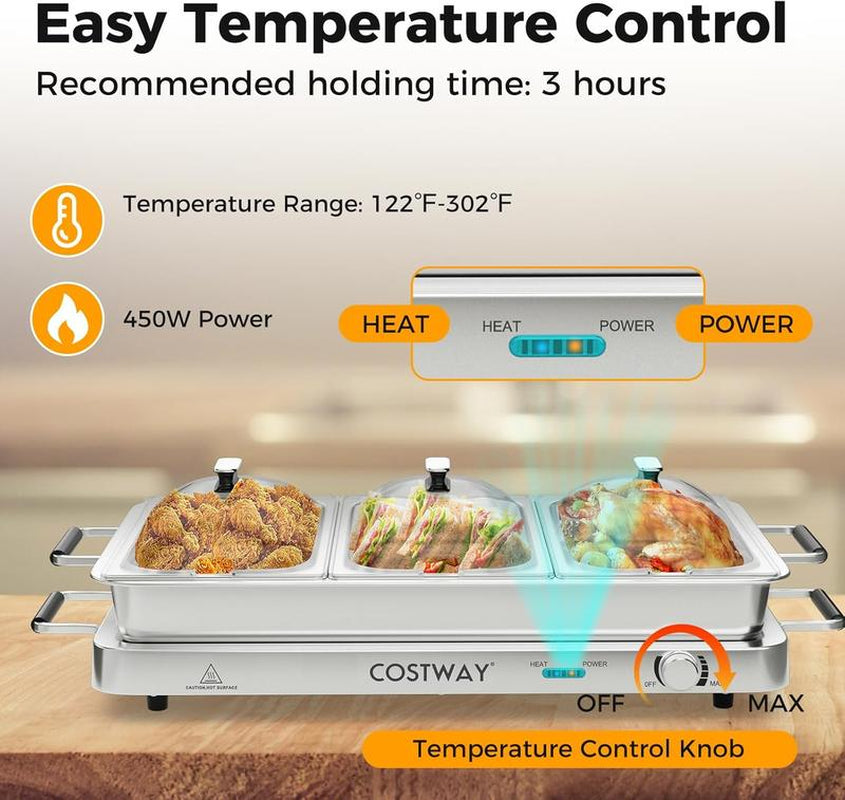 Costway 2-in-1 Electric Buffet Server and Warming Tray - 450W Stainless Steel Chafing Dish with Temperature Control, 3 Serving Trays, 8 Qt Food Warmer Station for Parties and Events - Perfect Mother's Day Gift!