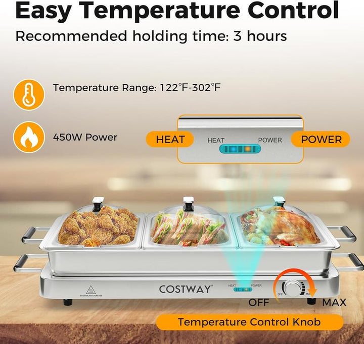 Costway 2-in-1 Electric Buffet Server and Warming Tray - 450W Stainless Steel Chafing Dish with Temperature Control, 3 Serving Trays, 8 Qt Food Warmer Station for Parties and Events - Perfect Mother's Day Gift!