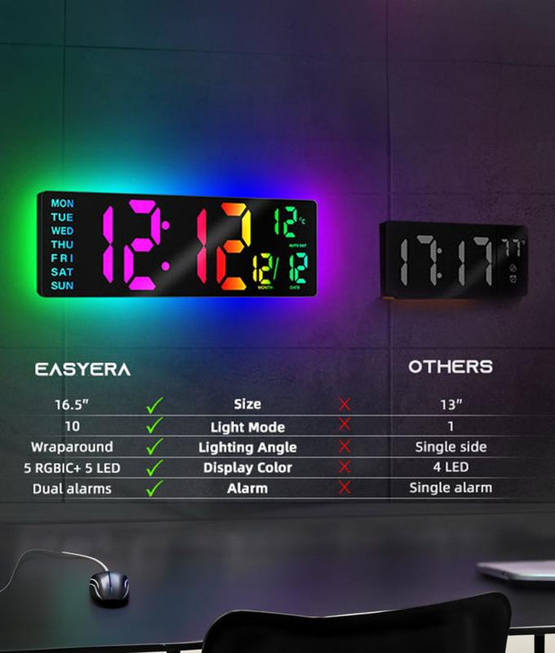 16.5" Large Digital Wall Clock with Remote Control - RGB Atmosphere Lights, Dual Alarms & Big LED Display for Home, Classroom & Game Decor - Auto DST Adjustment
