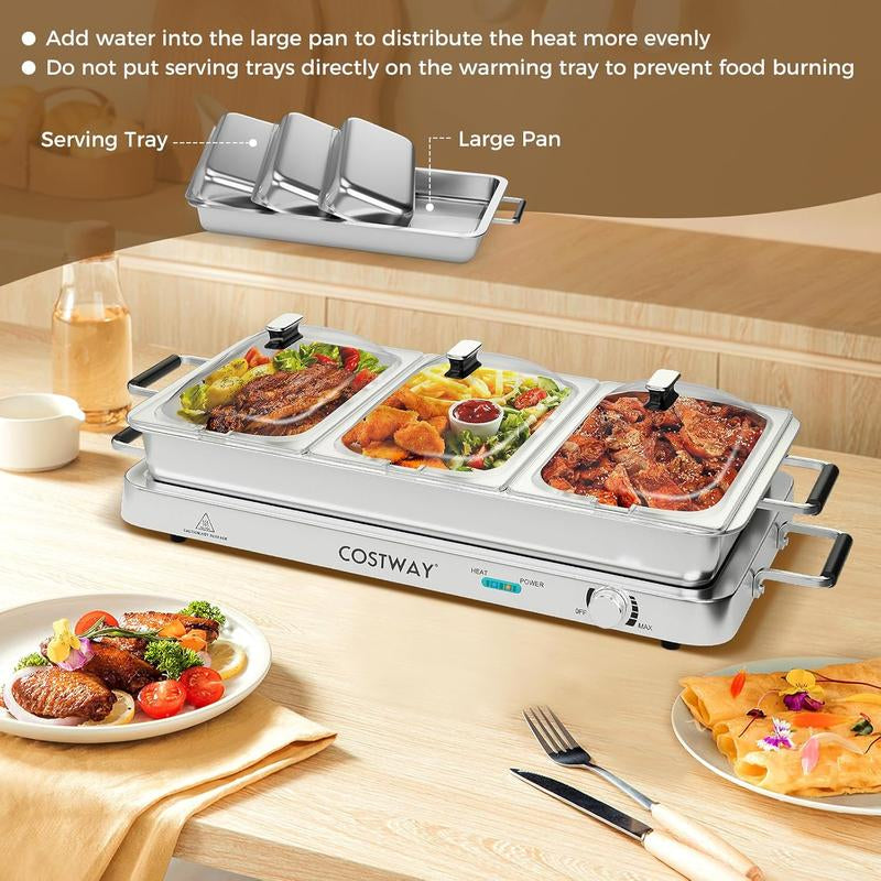 Costway 2-in-1 Electric Buffet Server and Warming Tray - 450W Stainless Steel Chafing Dish with Temperature Control, 3 Serving Trays, 8 Qt Food Warmer Station for Parties and Events - Perfect Mother's Day Gift!