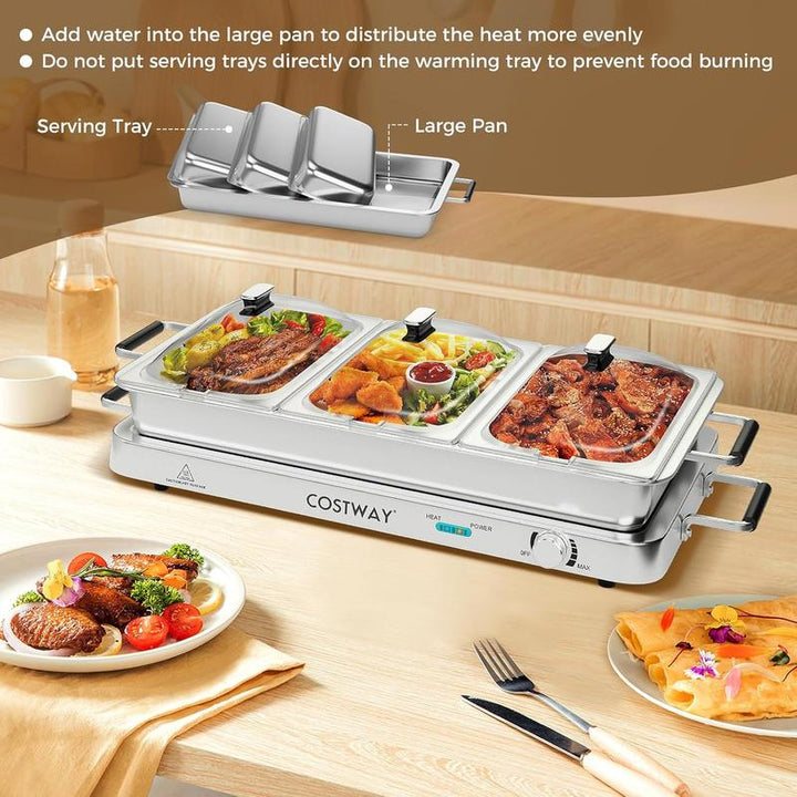 Costway 2-in-1 Electric Buffet Server and Warming Tray - 450W Stainless Steel Chafing Dish with Temperature Control, 3 Serving Trays, 8 Qt Food Warmer Station for Parties and Events - Perfect Mother's Day Gift!