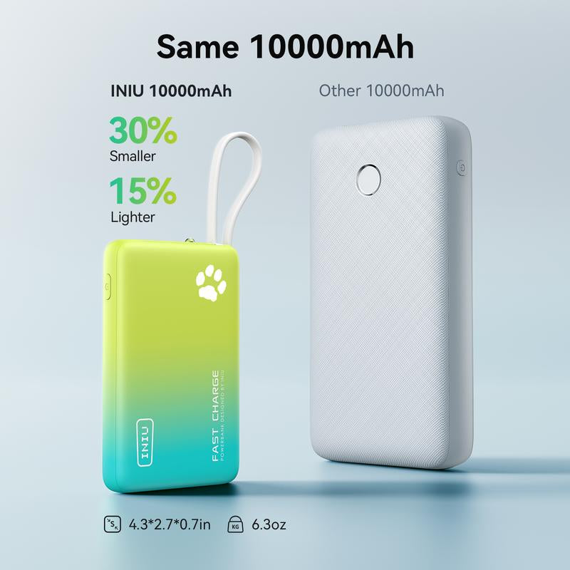 INIU Pawgo 45W Power Bank, Portable Charger, Slimmest 10000Mah Power Bank with Build in USB-C Cable, 45W PD Fast Charging USB C In&Out Battery Pack, External Phone Charger for Iphone 16 15 14 13 12 11 Samsung S24 S23 S22 S21 Google Etc Compact Handy