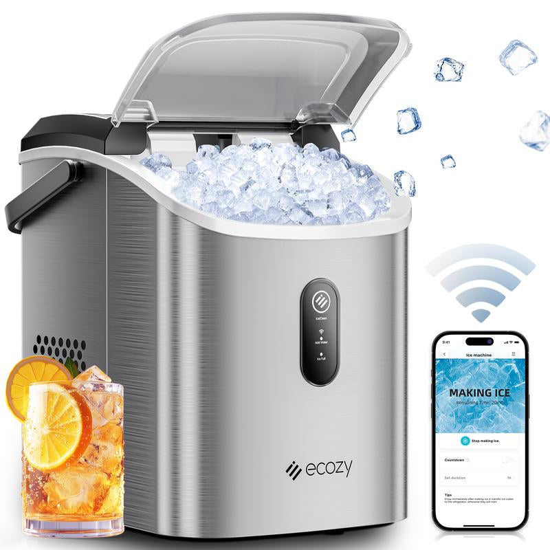 Ecozy Countertop Sonic Nugget Ice Maker - Chewable Ice Cubes, 33 Lbs Daily Output, Self-Cleaning Stainless Steel for Parties, Kitchens, and Bars