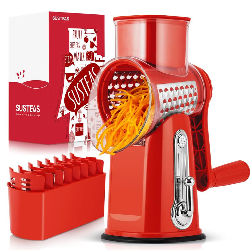 SUSTEAS Retro Green Rotary Cheese Grater with 5 Blades & Strong Suction Base - Perfect Mandoline Slicing Kitchen Tool!