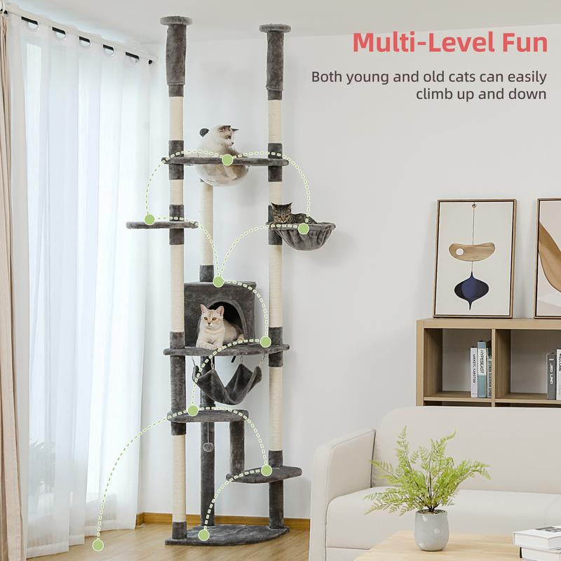 Adjustable PAWZ Road 92.9-101.6 Inch Floor to Ceiling Cat Tree with Scratching Posts, Condo, Perches & Hammock – Perfect for Indoor Cats!