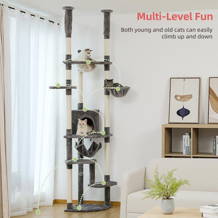 Adjustable PAWZ Road 92.9-101.6 Inch Floor to Ceiling Cat Tree with Scratching Posts, Condo, Perches & Hammock – Perfect for Indoor Cats!