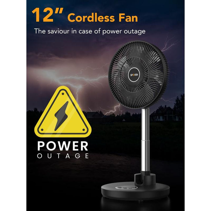 SPOVEN 12” Oscillating Pedestal Fan with Remote - 12000mAh Battery, Portable & Foldable for Home, Bedroom & Travel