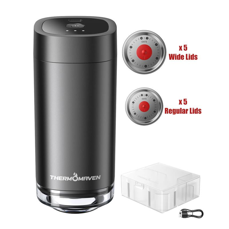 Thermomaven Cordless Handheld Vacuum Food Sealer Kit, Patented 4-In-1 High-Efficient Automatic Vacuum System for Vacuum Sealer Bags, Mason Jar, Storage Box Containers and Wine Stoppers, Included 10X Reusable Mason Jar Lids, Fathersdaygift