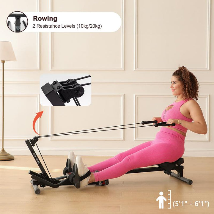 2-in-1 Adjustable Rowing and Ab Crunch Machine with LCD Monitor - Foldable Home Workout Equipment for Effective Stomach Exercises