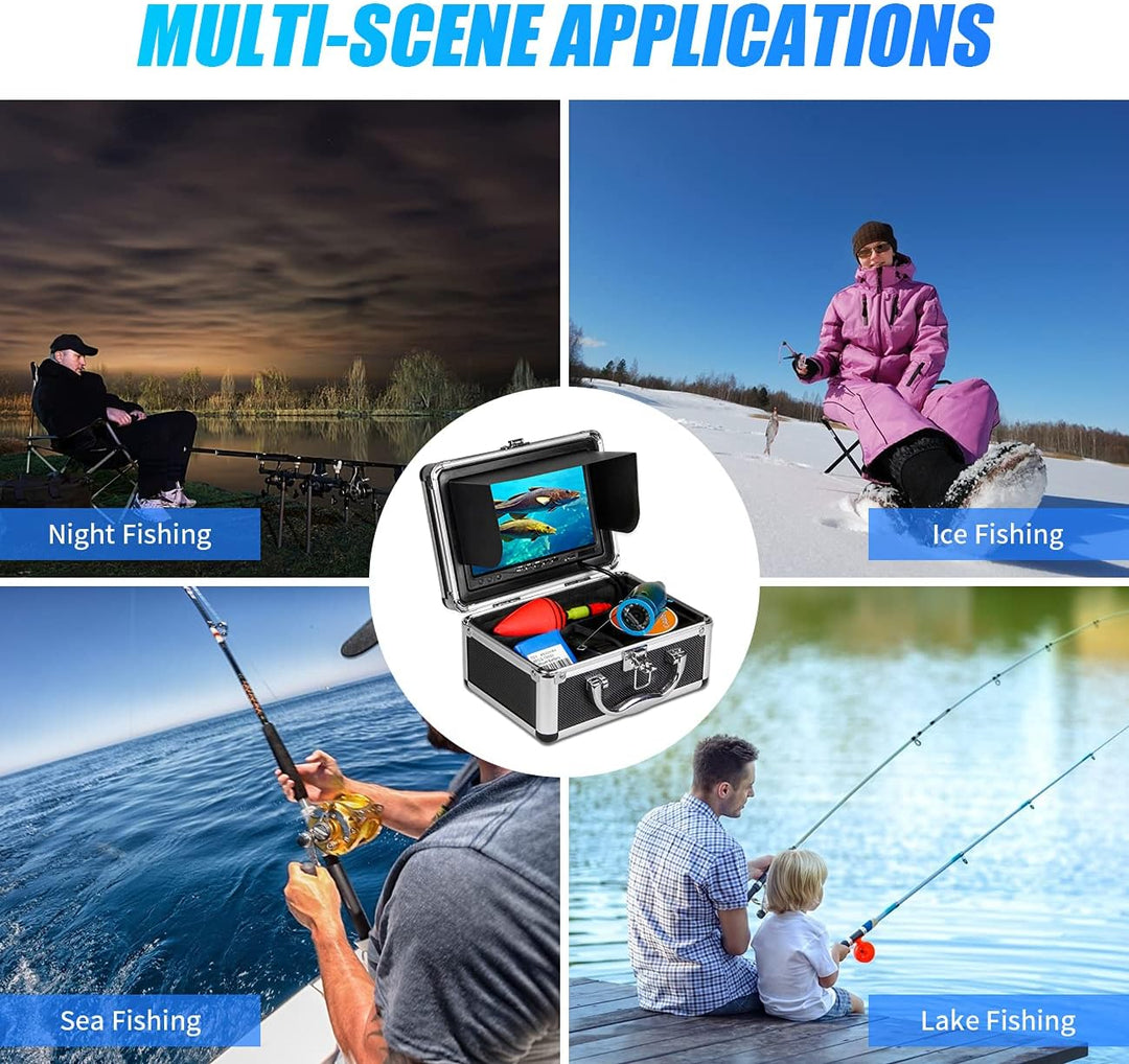 High-Definition Portable Underwater Fishing Camera with 7" LCD Monitor - 1000TVL, Depth & Temperature Display, 12 IR LEDs, 50FT Cable - Ideal for Ice, Lake & Boat Fishing