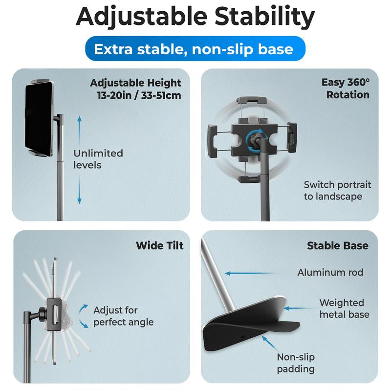 Height-Adjustable Ipad Stand for Desk with Metal Base, 16" Portable Monitor Holder. 360° Rotation & Tilt for Ipad, Tablets, & Digital Devices.