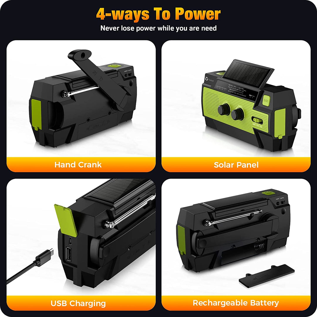 4000mAh Emergency Weather Radio - Portable Hand Crank & Solar Charging, LED Flashlight, SOS Alarm, AM/FM/NOAA, Motion Sensor Reading Lamp