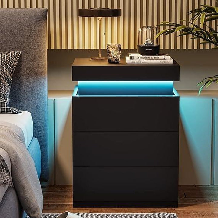 Sikaic Modern Nightstand with Sliding Top Charging Station & LED Lights - Stylish Bedroom Furniture