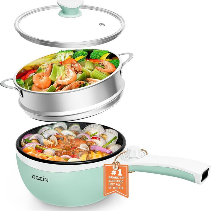 Dezin Spring Sales Electric Pot, Non-Stick Sauté Pan, Mini Electric Fondue Pot for Cheese, Stir Fry, Roast, Steam with Power Adjustment, Perfect for Ramen, Steak, Pink (Egg Rack Included)