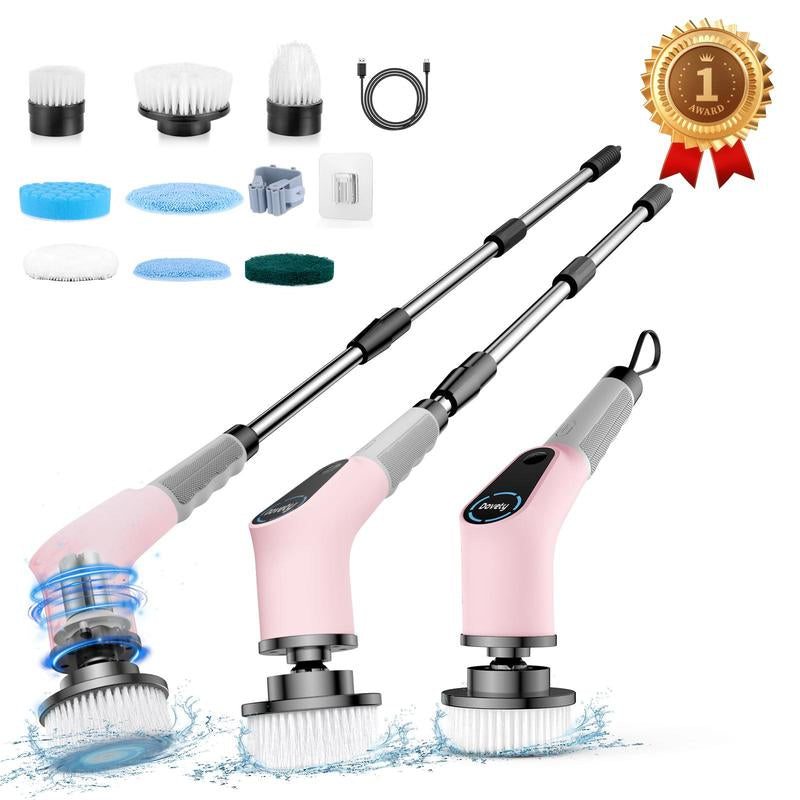 Revitalize Your Cleaning Routine This Summer! Dovety Pink Electric Spin Scrubber with 8 Brush Heads, 2 Speeds & Adjustable Handle - Perfect for Bathroom, Kitchen, Tub, Tile & Floor!