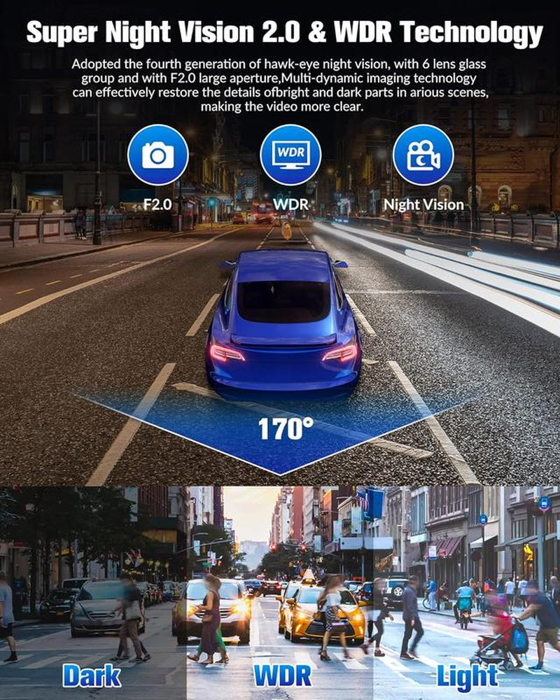 Dash Camera for Cars,4K Full UHD Car Camera Front Rear with Free 32GB SD Card,Built-In Super Night Vision,2.0'' IPS Screen,170°Wide Angle,Wdr, 24H Parking Mode, Loop Recording，Driving Recorder，Keep on Driving，Trafficcamera，Dashcam，Dash Cam Videos 4K