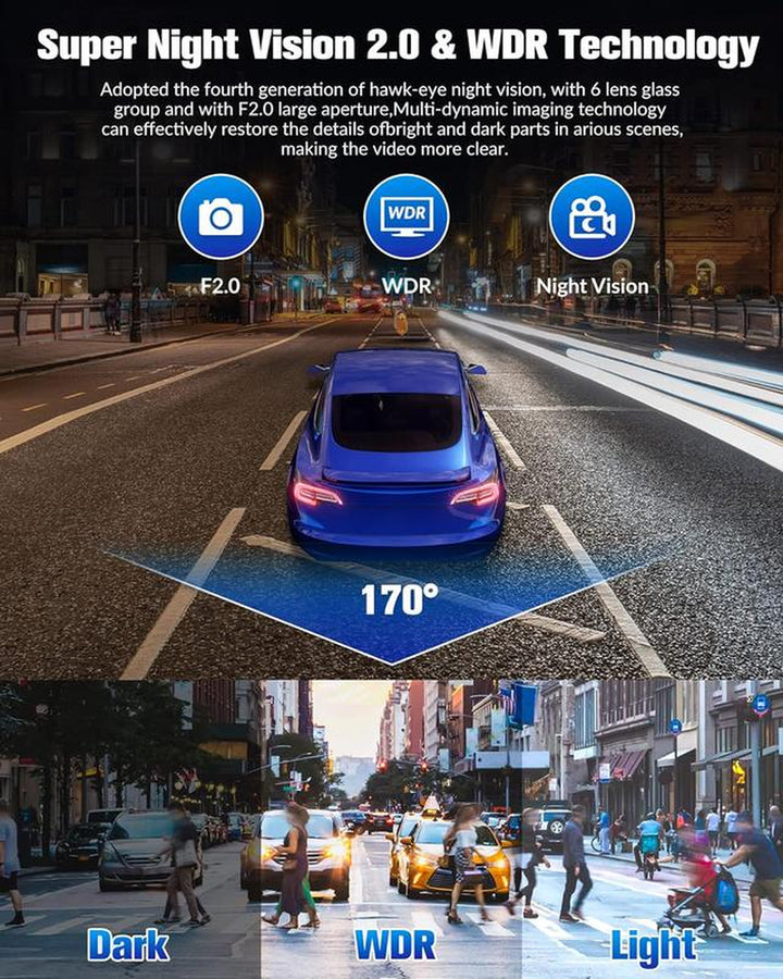 Dash Camera for Cars,4K Full UHD Car Camera Front Rear with Free 32GB SD Card,Built-In Super Night Vision,2.0'' IPS Screen,170°Wide Angle,Wdr, 24H Parking Mode, Loop Recording，Driving Recorder，Keep on Driving，Trafficcamera，Dashcam，Dash Cam Videos 4K
