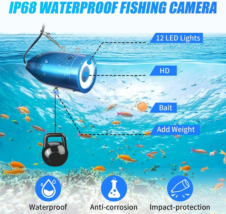 High-Definition Portable Underwater Fishing Camera with 7" LCD Monitor - 1000TVL, Depth & Temperature Display, 12 IR LEDs, 50FT Cable - Ideal for Ice, Lake & Boat Fishing