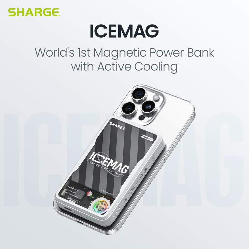 SHARGE ICEMAG 10,000mAh Wireless Power Bank with MagSafe & Active Cooling - Perfect for iPhone 16/15/14/13 Pro/Pro Max/Mini & All Smartphones