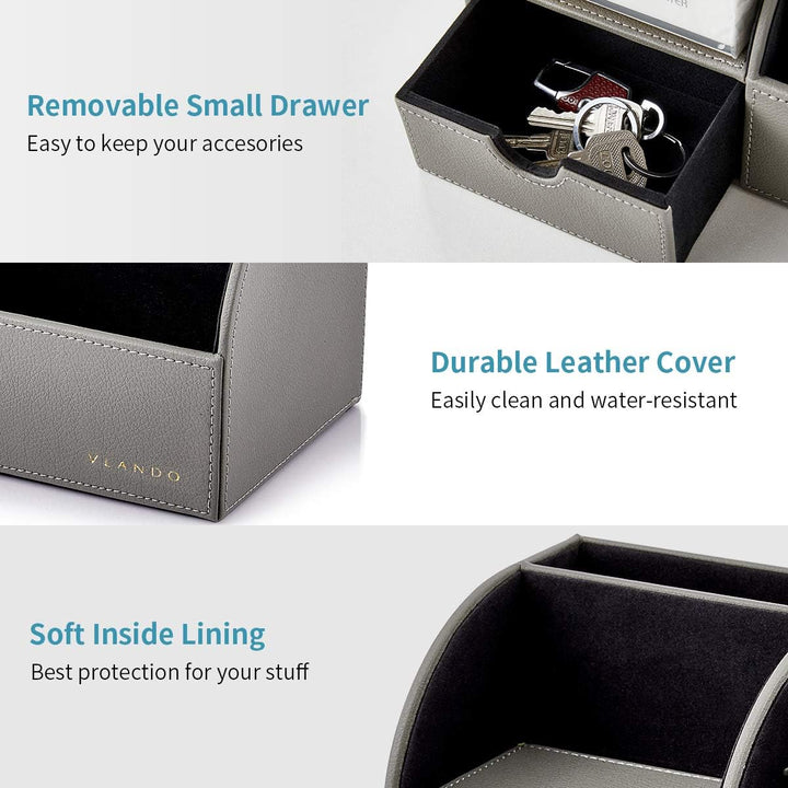 Chic Grey Leather Desk Organizer with Drawer - Ideal for Office Supplies and Accessories