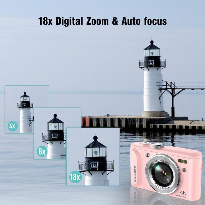 Capture Every Adventure: Travel-Friendly 4K Compact Camera - 64MP, 18X Zoom, Autofocus, Anti-Shake, 8 Modes, Stylish Pink with 32GB Card & Charger
