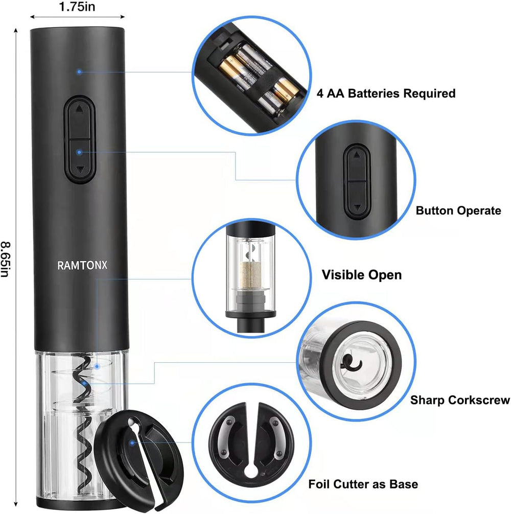 Automatic Electric Wine Bottle Opener with Foil Cutter - Perfect Gift for Wine Lovers, Waiters, and Home Entertainers - Portable and Easy to Use for Parties and Outdoor Events