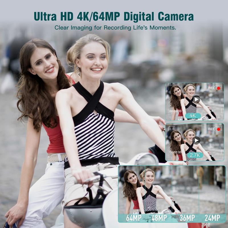 Capture Every Adventure: Travel-Friendly 4K Compact Camera - 64MP, 18X Zoom, Autofocus, Anti-Shake, 8 Modes, Stylish Pink with 32GB Card & Charger