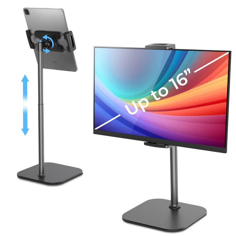 Height-Adjustable Ipad Stand for Desk with Metal Base, 16" Portable Monitor Holder. 360° Rotation & Tilt for Ipad, Tablets, & Digital Devices.