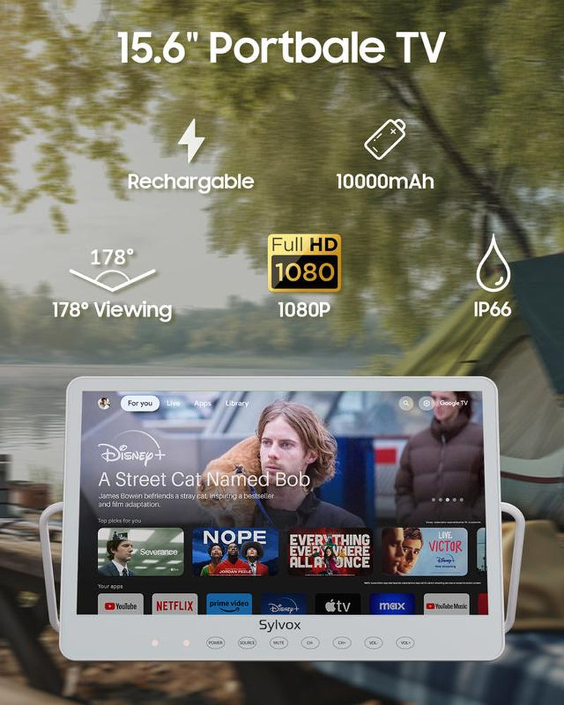 SYLVOX 15.6" Waterproof Portable TV with Google Smart TV, Dual Speakers & 1080P FHD - Ultimate On-the-Go Entertainment!