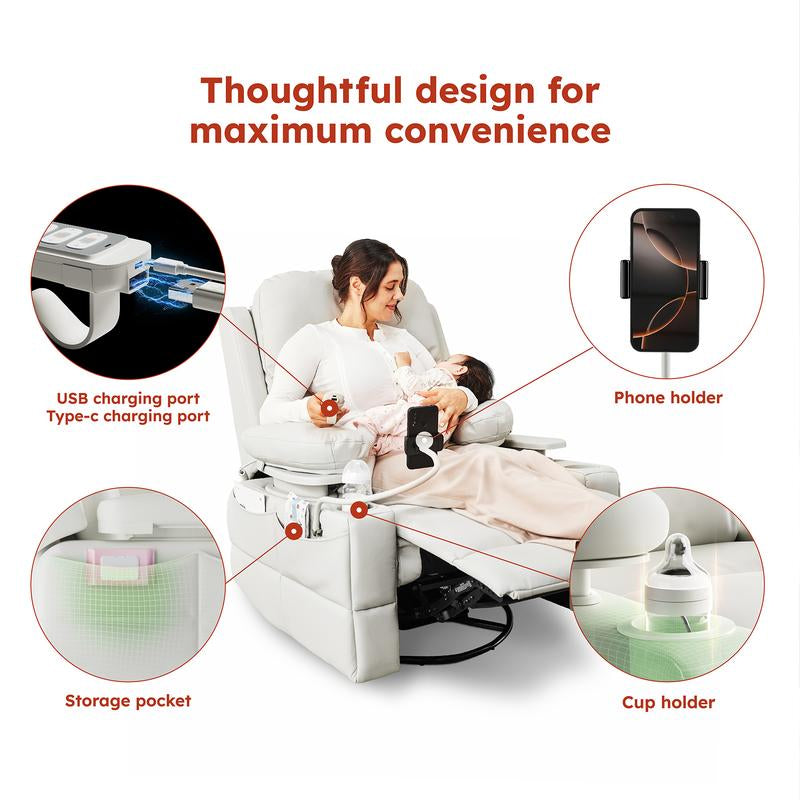 Adjustable Armrest Electric Glider Recliner Nursery Rocking Chair with USB Port & Storage - FSC Certified Comfort for Your Baby's Room