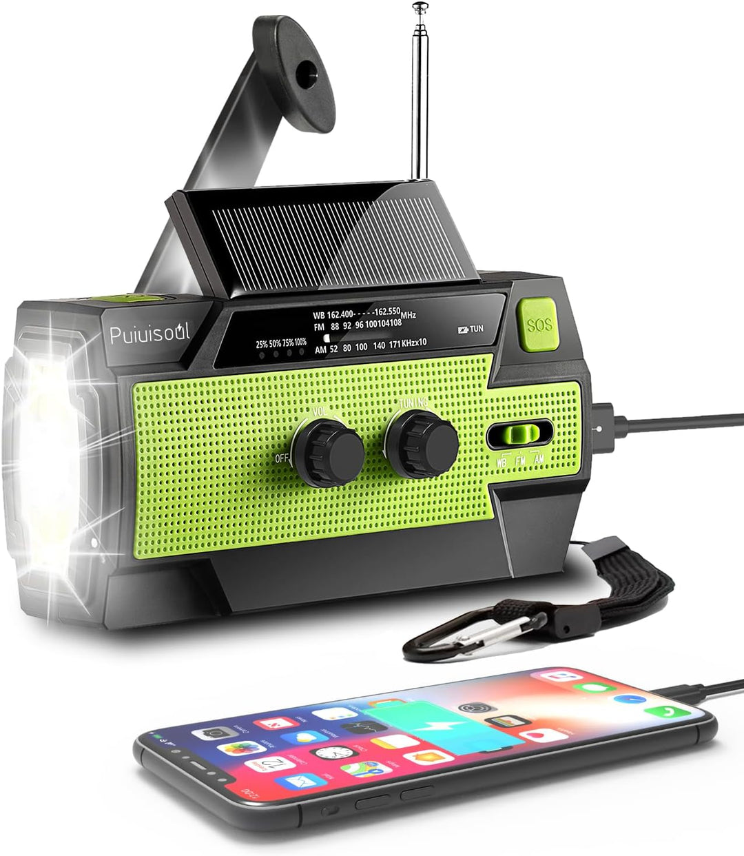 4000mAh Emergency Weather Radio - Portable Hand Crank & Solar Charging, LED Flashlight, SOS Alarm, AM/FM/NOAA, Motion Sensor Reading Lamp