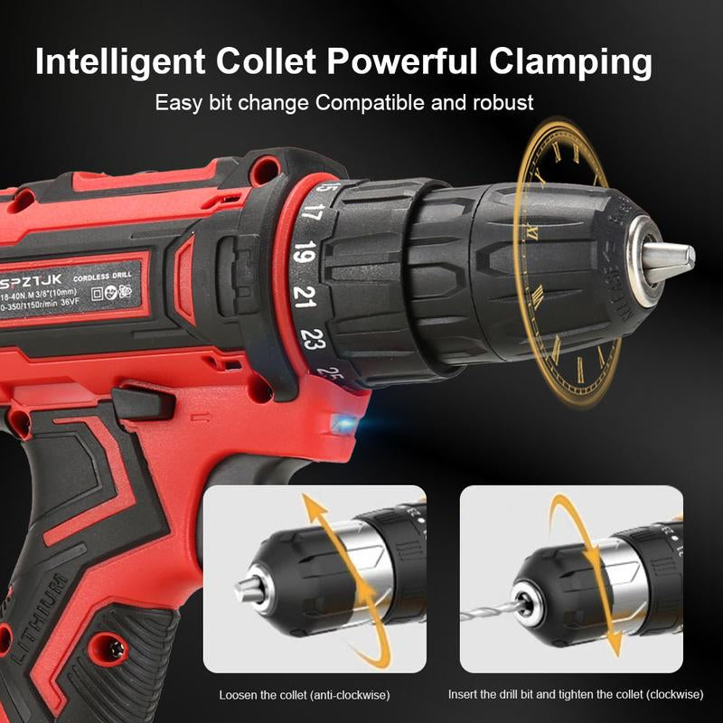 SPZTJK 128-Piece 36V Lithium-Ion Cordless Drill & Tool Set – Ultimate Power Drill Kit with Battery & Charger for DIY Enthusiasts & Homeowners - Ideal Gift for Home Improvement Projects (Red)