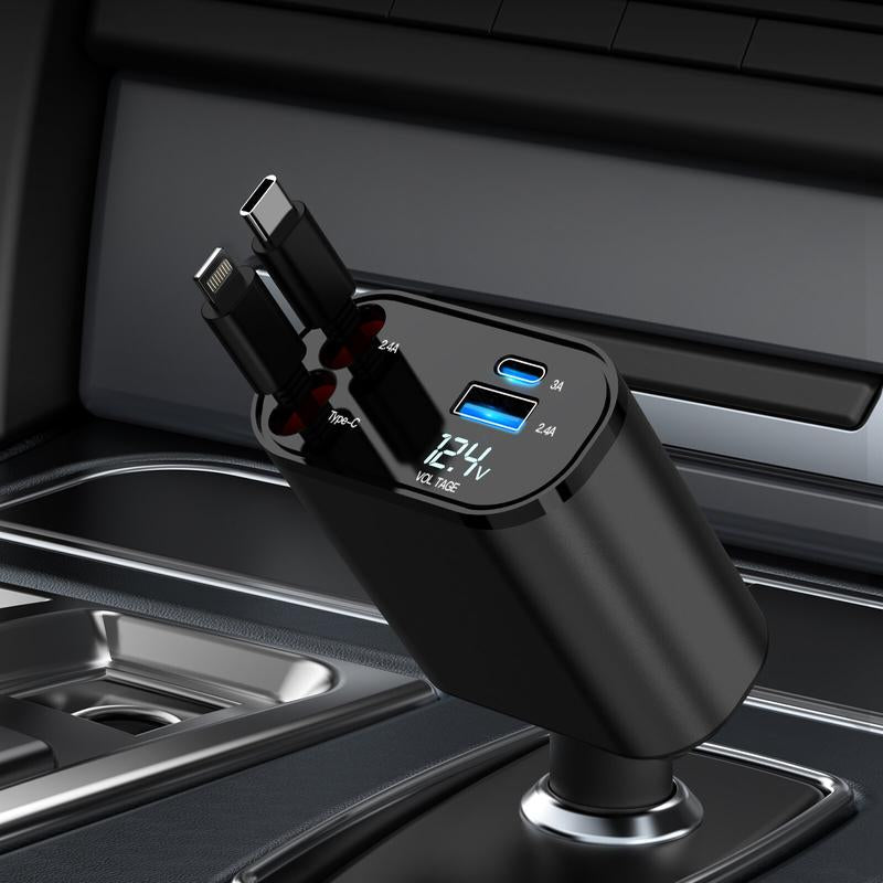 Ultimate 4-in-1 Retractable Car Charger - 100W USB-C Fast Charging Cable with Lightning & Dual Port Compatibility for iPhone, Samsung, Google Pixel & Tablets