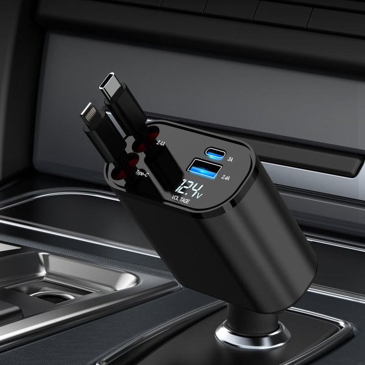 Ultimate 4-in-1 Retractable Car Charger - 100W USB-C Fast Charging Cable with Lightning & Dual Port Compatibility for iPhone, Samsung, Google Pixel & Tablets