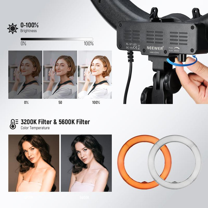 NEEWER 18" LED Ring Light Kit - Adjustable Stand, Dimmable Lighting & Phone Holder for Makeup, Vlogging, Photography & Live Streaming