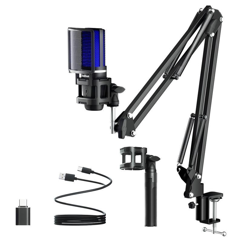 RGB USB Microphone with Type-C Adapter, Tripod & Hanging Arm Stand - Perfect for PS5, Xbox, PC & Streaming!