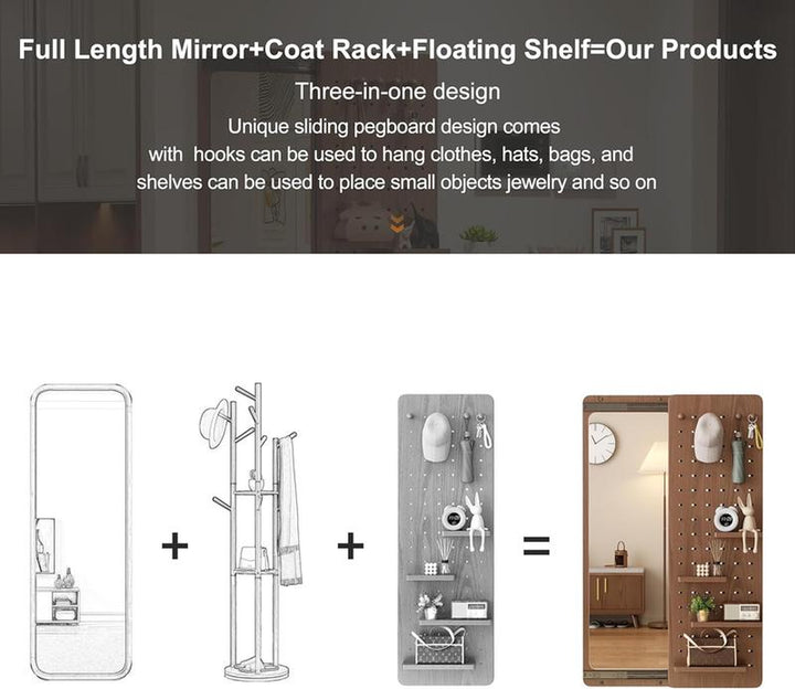 Rustic Full-Length Wall Mirror with Shelf & Hooks - Solid Wood Multifunctional Panel for Bedroom, Living Room, Entryway