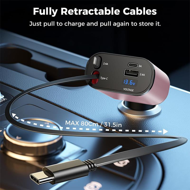 Ultimate 4-in-1 Retractable Car Charger - 100W USB-C Fast Charging Cable with Lightning & Dual Port Compatibility for iPhone, Samsung, Google Pixel & Tablets