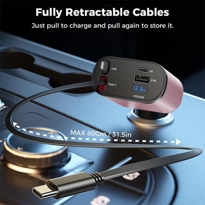 Ultimate 4-in-1 Retractable Car Charger - 100W USB-C Fast Charging Cable with Lightning & Dual Port Compatibility for iPhone, Samsung, Google Pixel & Tablets